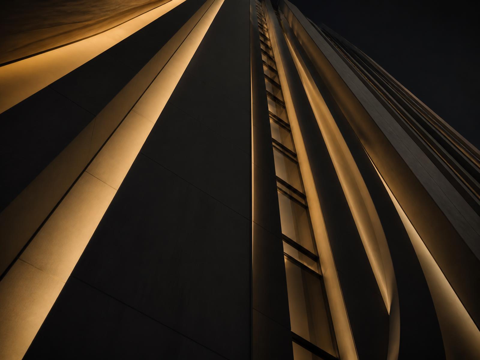 Abstract architectural facade lit in warm gold light